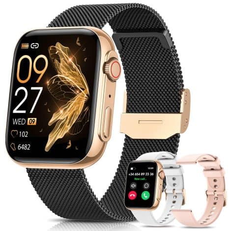 Montre connectée DekeFit pour femmes avec appel Bluetooth, écran AMOLED 1.85″, résistante à l’eau IP68, 3 bracelets, 120+ modes sportifs, suivi du sommeil, SpO2, règles, cadeau pour iOS/Android, noir/or.