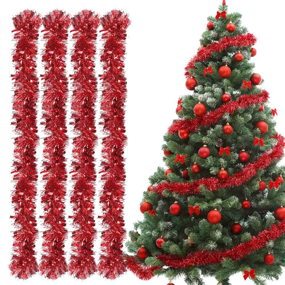 Bluelves Guirlande de Noel Sapin, 4pcs Guirlandes Tinsel Noël, Guirlande Sapin 2m, Guirlande Tinsel Métallique Scintillantes pour Mariage Anniversaire Fête Murs Fenêtres Sapin Decoration Noël - Rouge