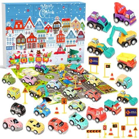 Calendrier de l’Avent Voiture 2023 Garçon, avec 24 Véhicules de Construction, Excavatrice, Bus Scolaire et Jeep, incluant Carte Routière – Cadeaux de Noël pour Enfants, Fils, Petits Fils, Neveux.