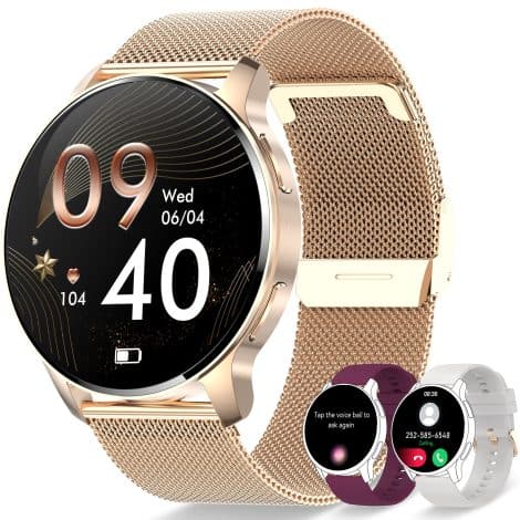 Montre connectée pour femme Erkwei Sport avec appel Bluetooth, assistant vocal AI, notifications intelligentes, suivi d’activité et bracelets interchangeables pour Android/iOS.