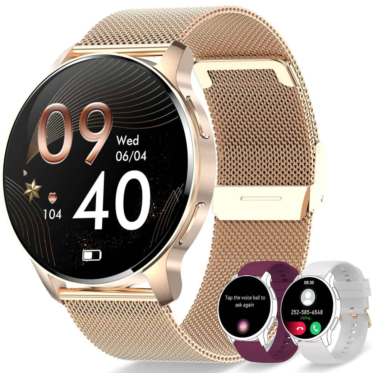 Erkwei Sport Montre Connectée Femme Appel Bluetooth et Assistant AI, Notification Intelligente Smartwatch Fréquence Cardiaque Sommeil Étanche Tracker d'activité Podomètre 3 Bracelets pour Android iOS