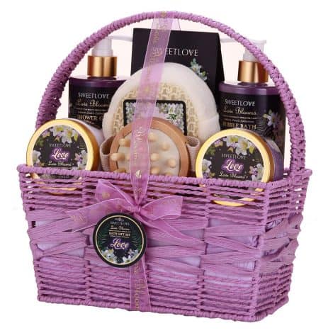 Panier de bien-être pour femme avec 8 produits parfumés au lilas, idéal pour offrir à la fête des mères, un anniversaire, Noël.