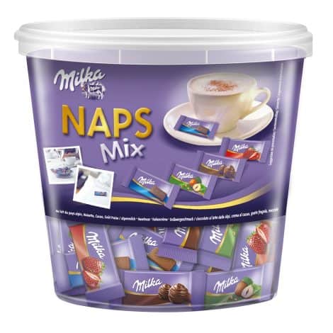 Milka Naps Mix – Assortiment de chocolat au lait Alpin : Lait, Crème Cacao, Noisettes, Fraise – Tube 1kg.