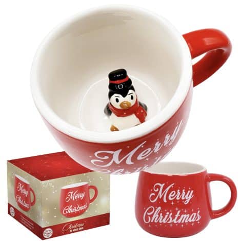 Tasse de Noël mignonne et drôle avec pingouin en 3D, idéale pour thé, chocolat chaud et film.