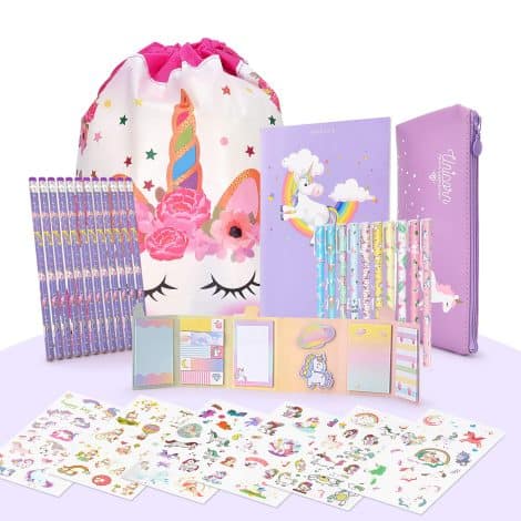 Ensemble de Fournitures Scolaires Licorne pour Filles de 6 à 12 ans, Coffret Cadeau Violet avec Trousse, Crayons, Sac à Cordon, Autocollants et Carnet.