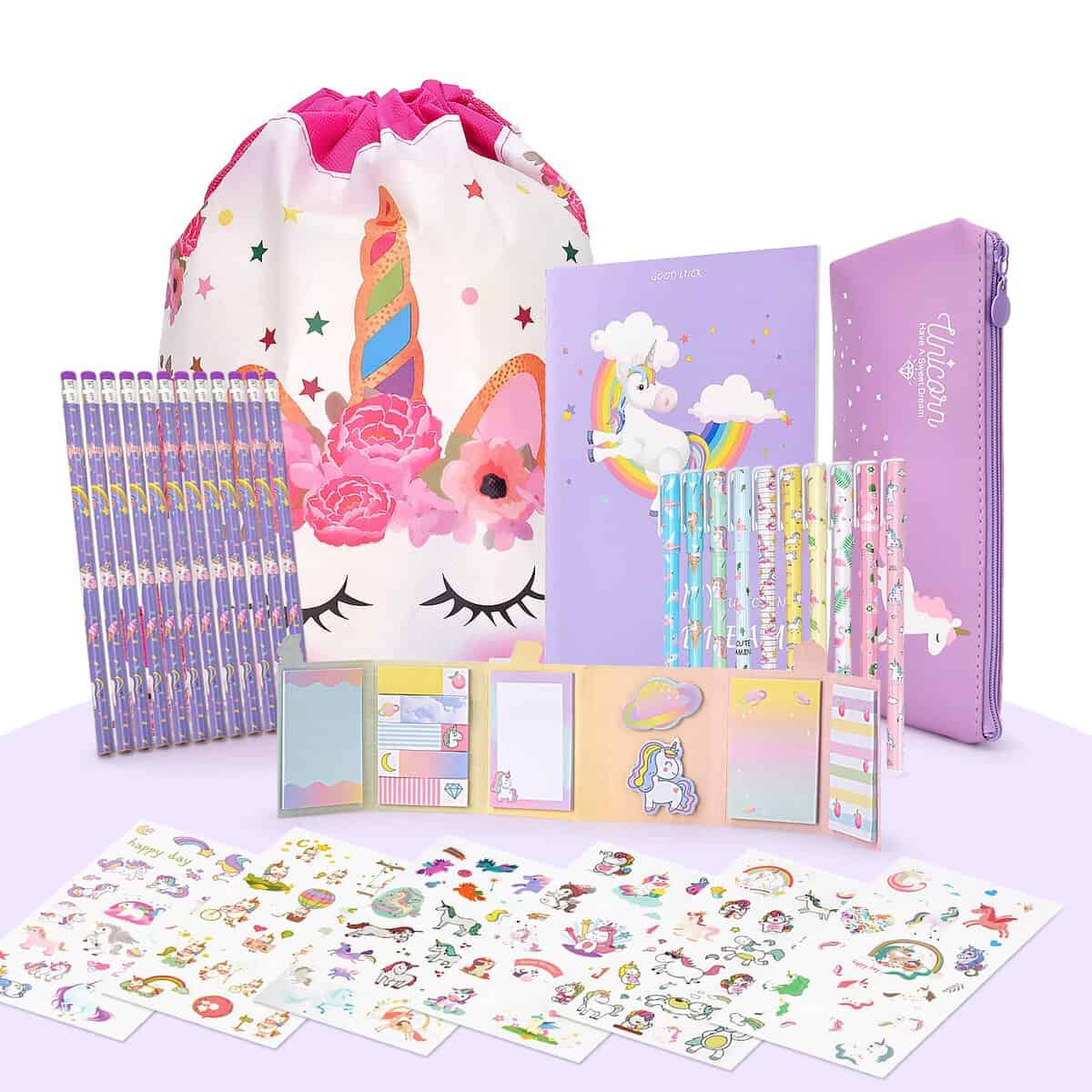 Licorne Jouet pour Fille 6 7 8 9 10 11 12 Ans, Cadeau de Papeterie pour Filles, Comprennent Trousse et Crayons et Sacs de Cordon et Autocollants et Carnet, Violet