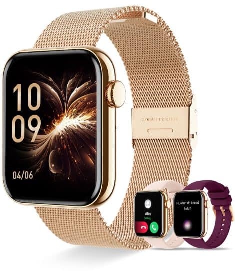 Montre connectée Erkwei pour femmes avec appels, notifications, suivi du sommeil, pas, calories, et fréquence cardiaque. Compatible iOS et Android.