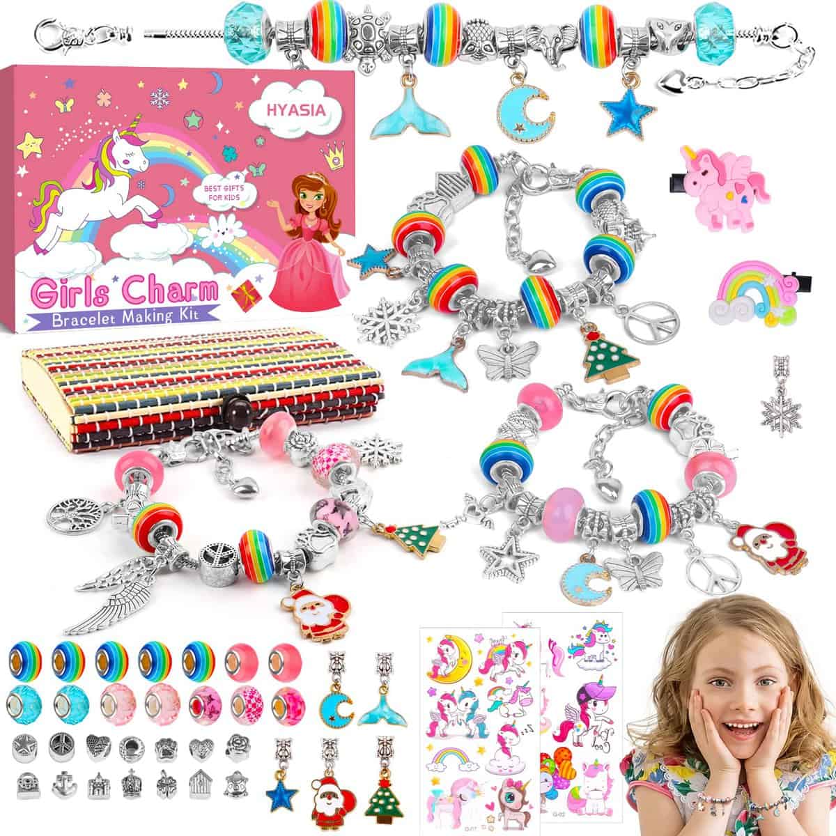 HYASIA Licorne 5-12 Ans Enfant Jouet, Pandora 5+ Ans, Charms Bracelet Kit Fabrication Creation Bijoux Calendrier de l'avent Fille, Idée Cadeau Anniversaire Fille