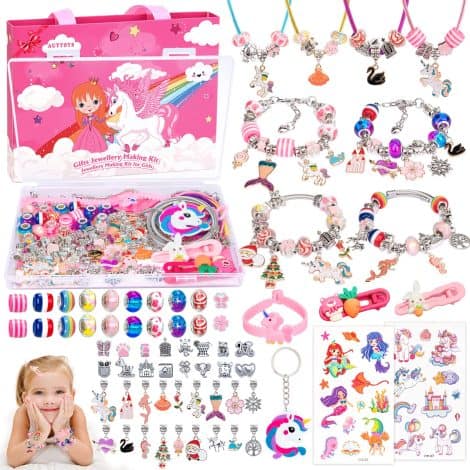 Kit de fabrication de bracelets avec des charms, idéal pour les filles de 5 à 12 ans. Parfait comme cadeau pour Noël ou son anniversaire.