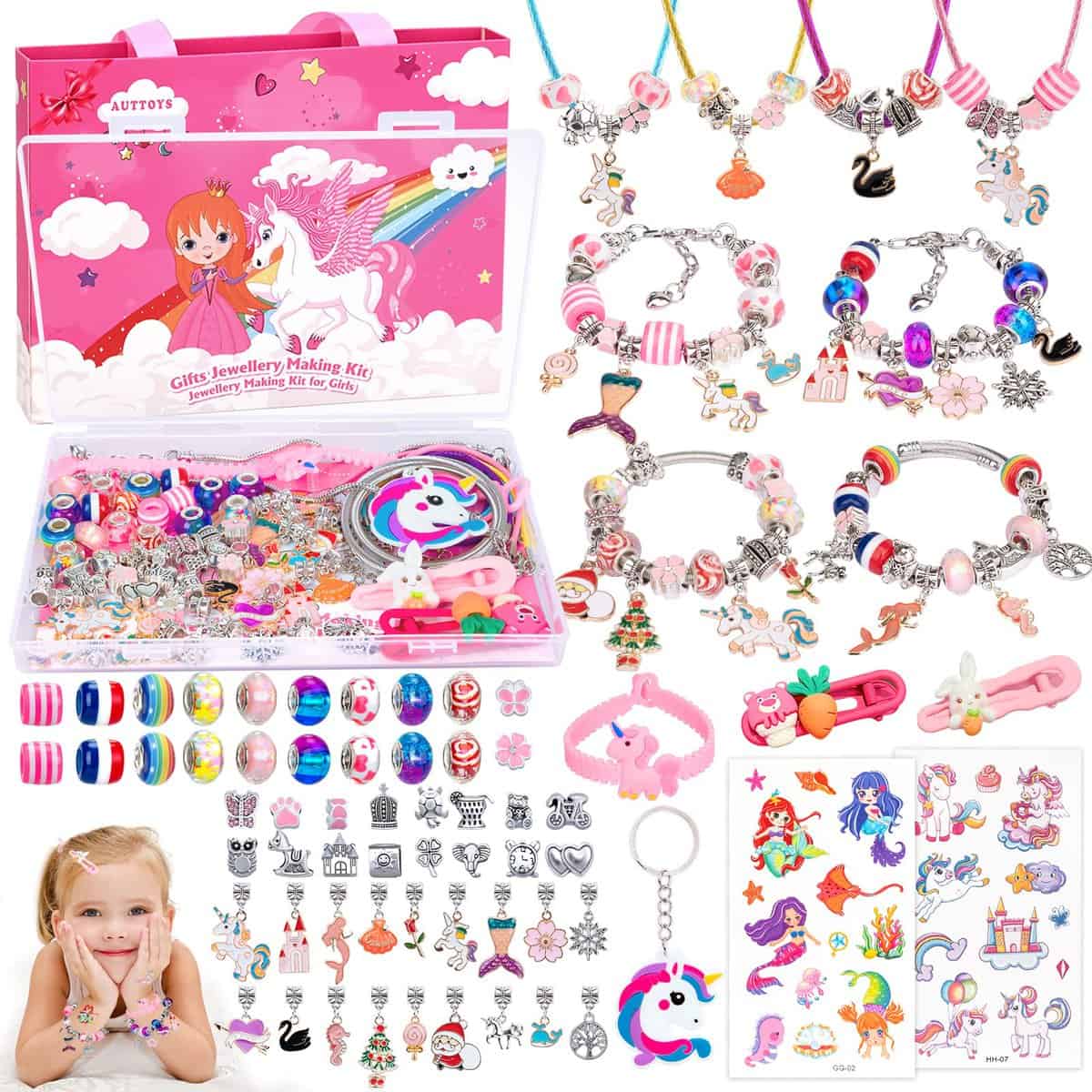 Cadeau Fille 5-12 Ans Jouet Enfant 3 4 5 6 7 8 9 10 11 12 Ans, Charms Bracelet Kit Fabrication Bijoux Jouet Fille, Cadeau de Noël et anniversaire