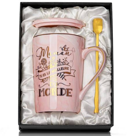 Ensemble Cadeau pour Maman : Tasse en Céramique Marbrée Rose de 400ml avec Accessoires et Coffret.