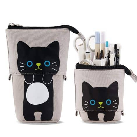 Trousse à Crayons Télescopique en Toile Durable avec Motif de Chat Mignon – Etui à Crayons pour Enfants et Bureau, Gris