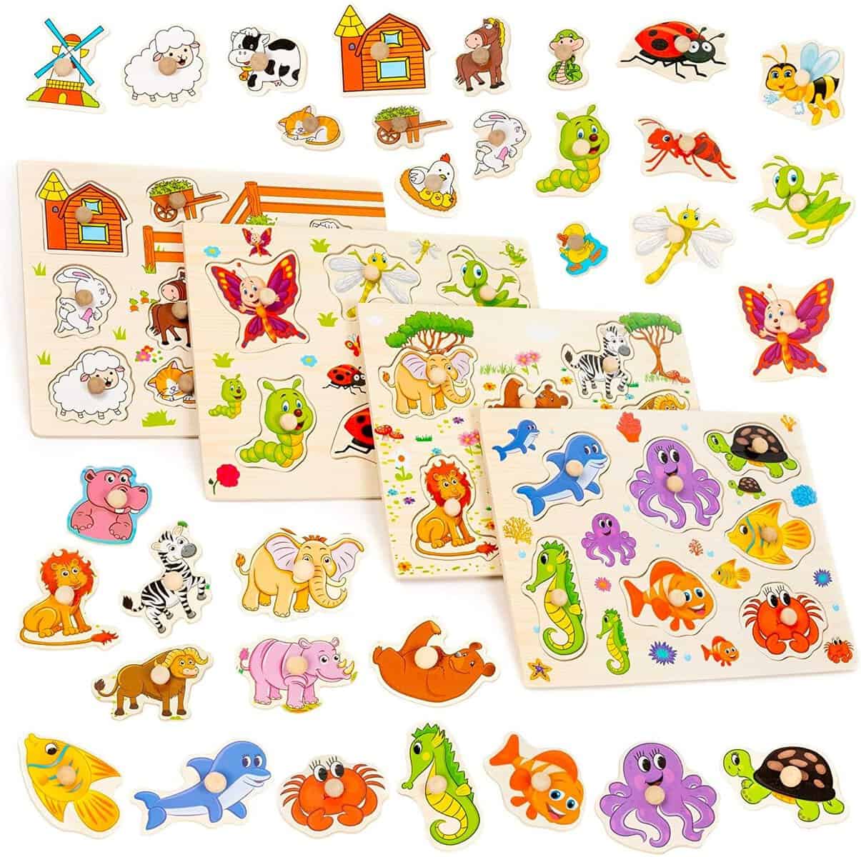 THE TWIDDLERS 4 Puzzles en Bois à Bouton, Puzzle Encastrement pour Garçons & Filles - Jouet Éducatif Montessori, Cadeau pour Bébés, Tout-Petits & Enfants 1 2 3 4 Ans