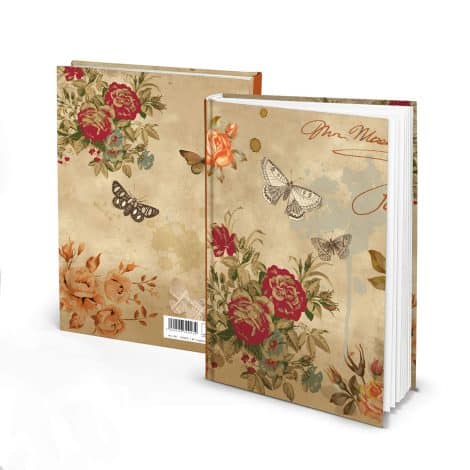 Carnet rétro avec roses, fleurs, papillons – Personnalisable, cadeau idéal pour femme, fille, ados; journal, agenda, cahier de croquis pour la rentrée.