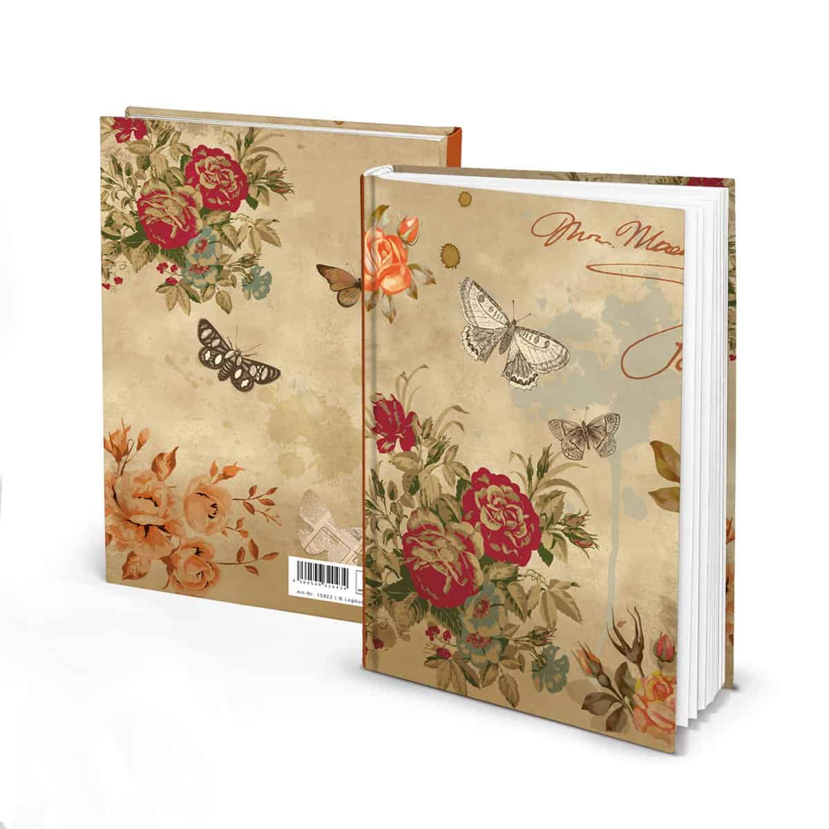 Carnet de Notes Vintage Roses Fleurs Papillons - à compléter personnaliser offrir Couverture Rigide Format A5 136 Pages Blanches Cadeau Femme Fille Ados Journal Agenda Cahier de Croquis Rentrée