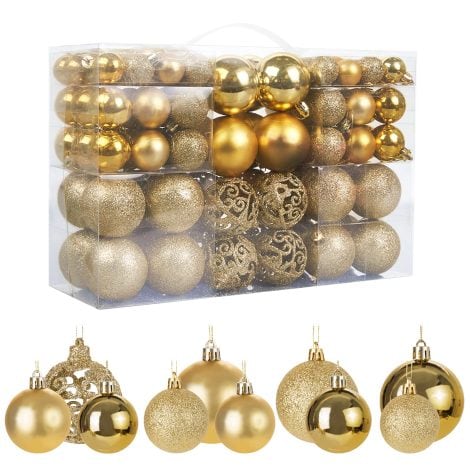 Ensemble de 100 boules de Noël dorées pour sapin avec diverses tailles (3, 4 et 6 cm).