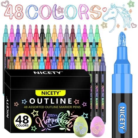 NICETY 48 Feutre Paillettes Enfant – Stylos contour magique métalliques à double ligne, idéal pour filles de 4 à 12 ans.