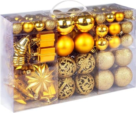 Ensemble de 108 boules dorées en plastique pour décorer votre sapin de Noël à Noël, anniversaire ou mariage.