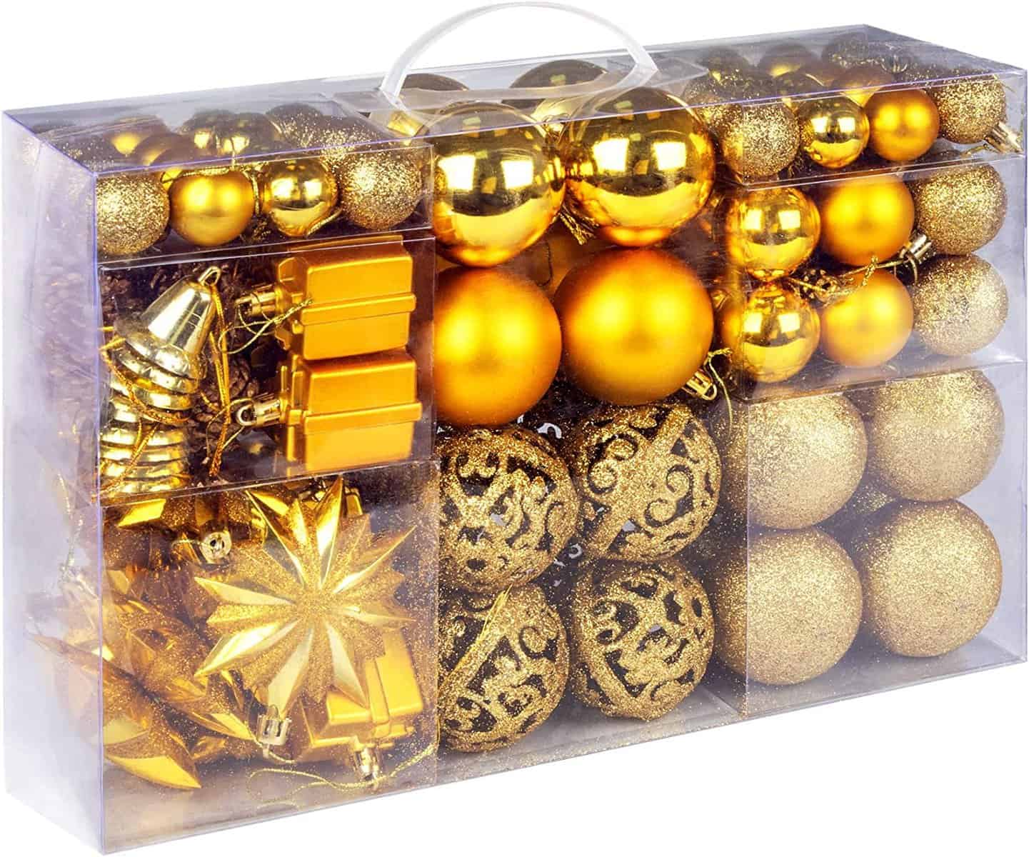 Homewit Boule de Noël Or, 108 Pièces Boules de Décoration en Plastique pour Sapin de Noël Ø 3 cm, Ø 4 cm, Ø 6 cm Boules de Sapin pour Décoration d'arbre de Sapin de Noël Anniversaire Mariage