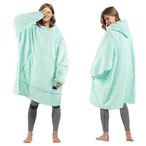 Couverture confortable à capuche, Snuggle Sherpa Blanket Hoodie, cadeau chaud pour toute la famille, couleur Aqua.