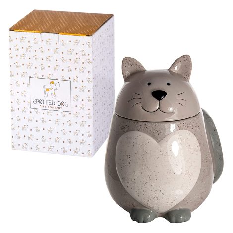 Compagnie de cadeaux pour animaux repérés – Pot à biscuits en forme de chat – céramique/couvercle hermétique – idéal pour offrir – gris.