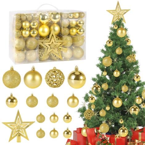 Lot de 101 Boules de Noël dorées en plastique incassables et réutilisables, idéales pour décorer ∅ 3-6 cm.