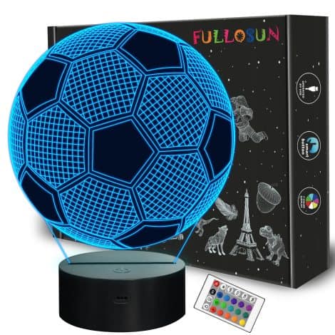 Cadeau de football pour garçon : veilleuse, lampe 3D avec télécommande, 16 couleurs changeantes. Parfait pour fans de sport.