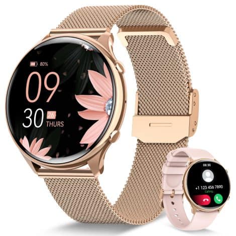 Montre intelligente pour femmes RUXINGX avec appel Bluetooth 5.3, suivi des règles, 120+ modes sport, SpO2, fréquence cardiaque, sommeil, tension artérielle, étanche IP68, iOS/Android, or rose.