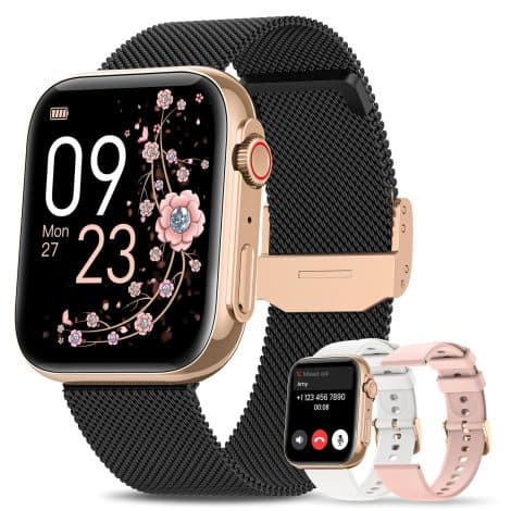 Montre connectée pour femme AIMIUVEI avec appel Bluetooth 5.3, écran 1.85″ et multiples fonctionnalités : sport, santé, élégance.