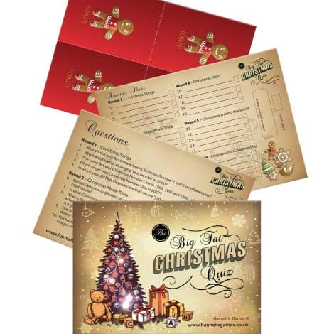 Quiz de Noël style pub quiz – 30 questions de culture générale sur Noël pour 8 équipes ou joueurs, sous blister – Format carte postale – Cadeaux de Père Noël secret – Remplisseurs de boîte du Réveillon de Noël.