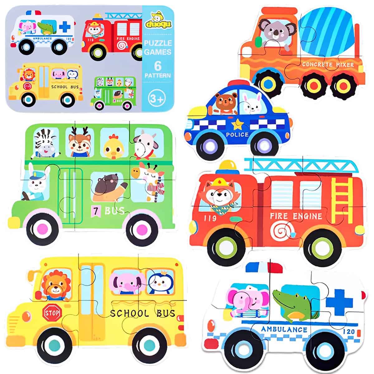 LiRiQi Jouet Puzzle en Bois pour Enfants, Jeux Bebe, Jouets Montessori Enfant 1 2 3 4 5 Ans, 6 en 1 Puzzles Véhicules, Cadeau Jeu Educatif Apprentissage pour Tout-Petits Garçons Filles de 2 Ans +