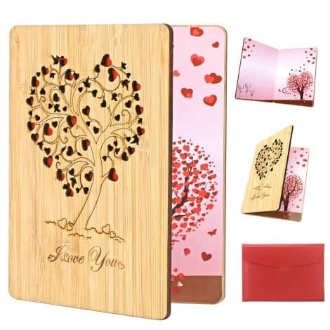 Carte d’amour en bambou fait main pour anniversaire, mariage, Saint-Valentin; cadeau pour femme, homme.