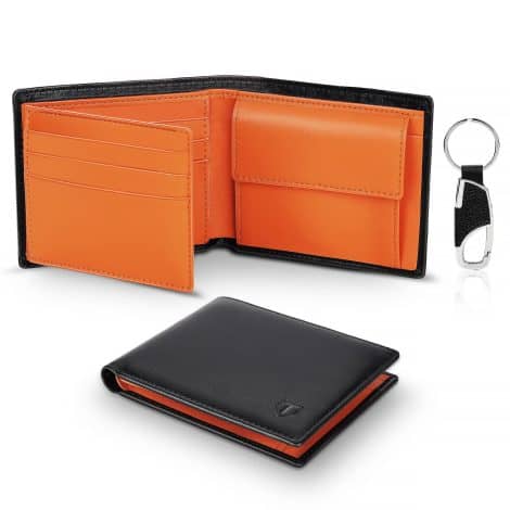 Porte-monnaie homme en cuir véritable avec protection RFID, poche à monnaie, porte-clés, 2 compartiments billets et 10 porte-cartes. Noir Orange.