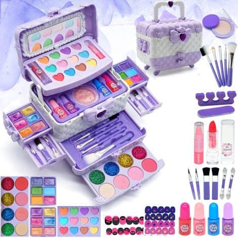 Coffret maquillage ludique et lavable pour filles, idéal en cadeau pour princesses de 4 à 12 ans.