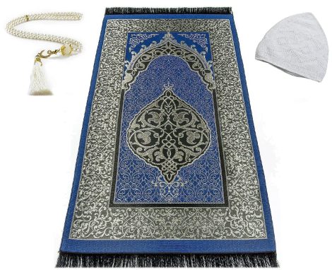 EDUS Kit de prière turc : tapis, perles de prière, chapeaux Kufi pour toute la famille, portable, idéal pour le Ramadan. (bleu foncé)