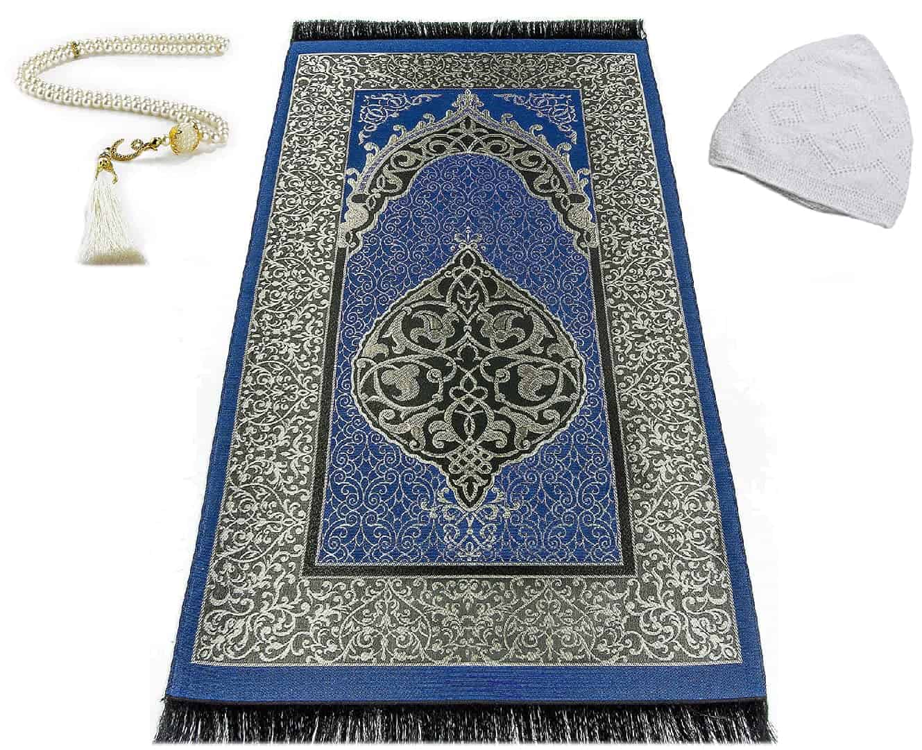 EDUS Tapis de prière musulmane turc, cadeaux 99 perles de prière et chapeaux de Kufi pour hommes, femmes et enfants, tapis portable, excellent cadeau pour le Ramadan (bleu foncé)