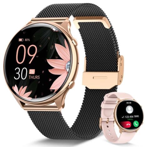 Montre connectée pour femme avec appel Bluetooth, suivi sportif, santé et compatibilité Android/iOS, couleur or noir.