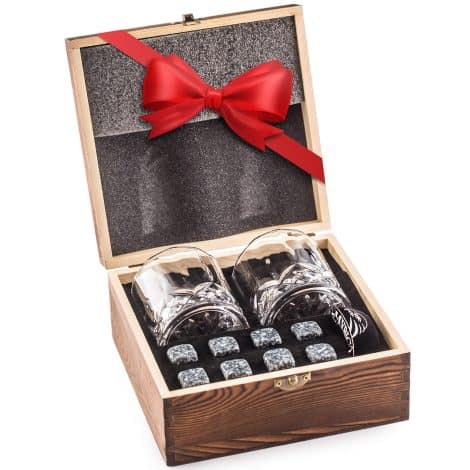 Ensemble de Luxe de Cadeaux pour le Whisky – Soyez unique en offrant un cadeau – Coffret en bois fait à la main avec 2 verres à whisky – 8 pierres de granit pour le whisky – Roches pour Whisky