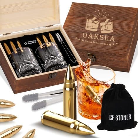 Boîte de Whisky cadeau pour les hommes à Noël – Ensemble de cadeaux avec 2 verres à Whisky et 6 pierres glacées réutilisables – Cadeau insolite pour papa lors de l’échange de cadeaux Secret Santa.