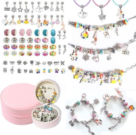 Kit pour fabriquer des bracelets avec des perles et des charms, idéal comme cadeau pour les filles de 5 à 13 ans.