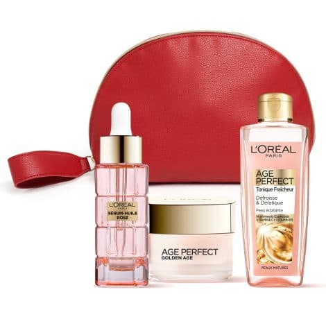 Coffret Cadeau L’Oréal Paris pour Peaux Matures – Éclat, Fraîcheur, Vitalité et Fermeté – Tonique, Sérum-Huile et Soin Jour Age Perfect Golden Age.