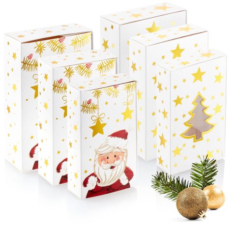 Ensemble cadeau com-four® de 6 pièces de différentes tailles avec motifs de Noël (étoiles/sapin/Père Noël) – Boîte pliante en carton solide.