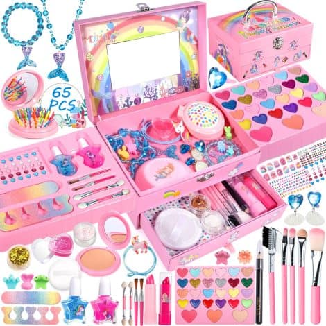 Ensemble de maquillage pour enfants, 65 pièces, idéal pour les filles de 4 à 10+ ans. Parfait cadeau de Noël ou d’anniversaire.