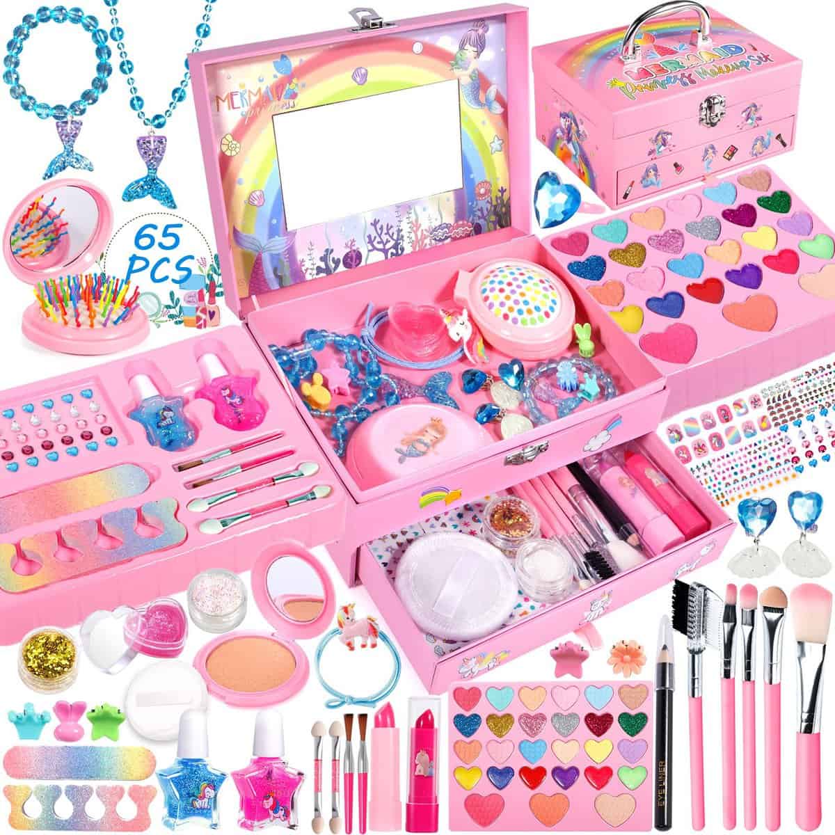 MOYKSRR Maquillage Enfant Jouet Filles, 65 Pcs Kit de Maquillage Enfant Fille, Coffret Maquillage Enfant Filles Makeup Set, Cadeau de Noël d’Anniversaire pour Les Filles de 4 5 6 7 8 9 10+ Ans