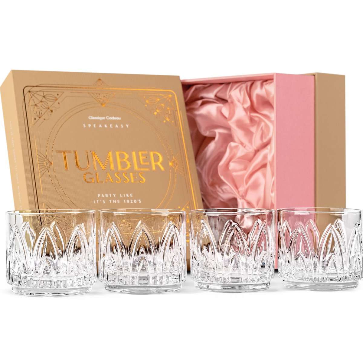 GLASSIQUE CADEAU Lot de 4 verres à cocktail courts vintage Art déco | Verre Lowball en cristal de 325 ml pour boire des boissons classiques | Verres à base lourde pour femme