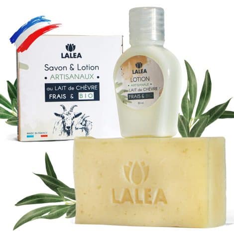 Coffret cadeau visage : Savon au Lait de chèvre BIO & Lotion anti-acné, 30ml, made in France.