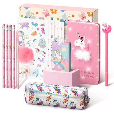 Ensemble de fournitures de bureau Licorne pour les filles de 6 à 12 ans : Trousse, stylo, crayon et carnet, en rose.