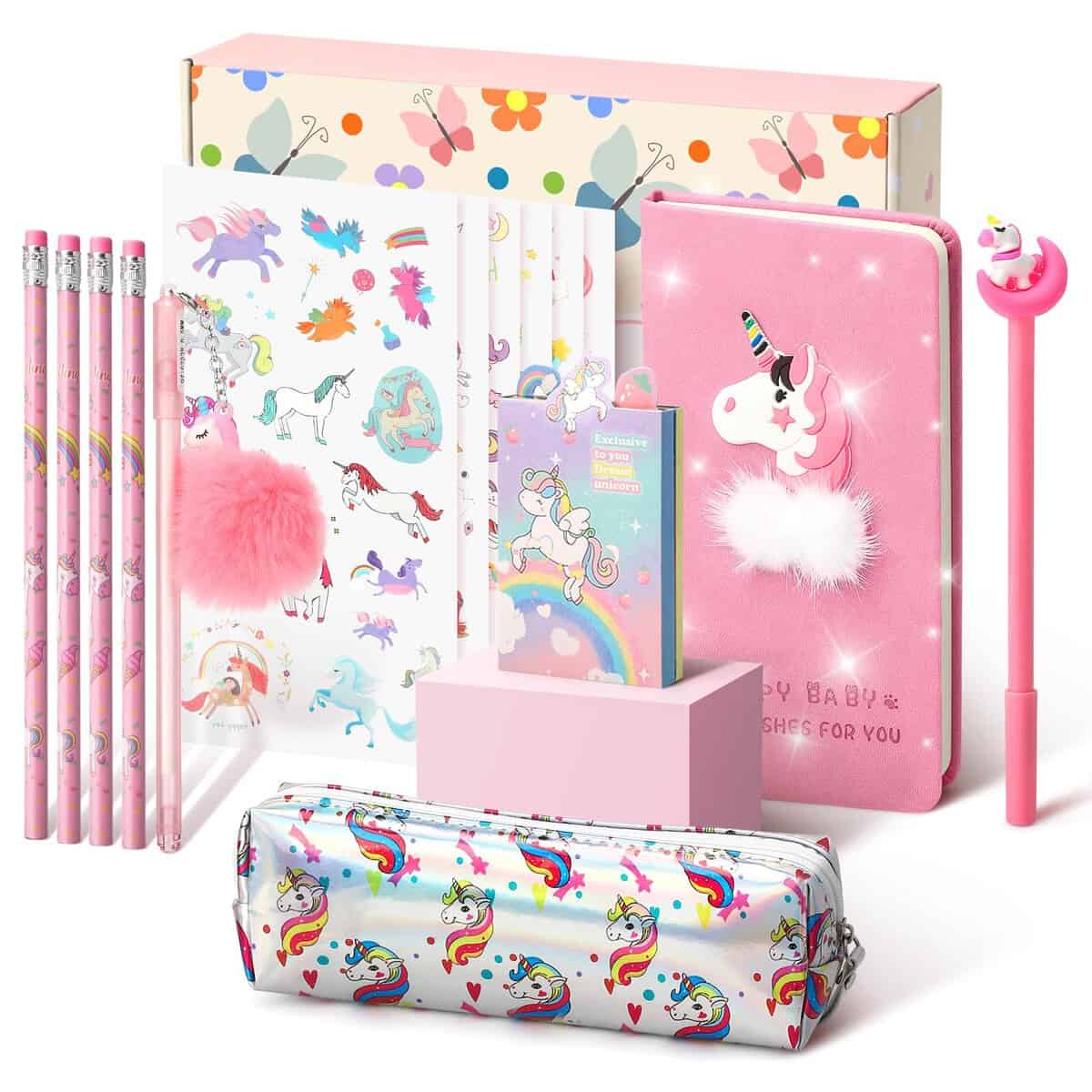 Cooyou Cadeau de Papeterie Licorne pour Fille 6 7 8 9 10 11 12 Ans, Trousse, Stylo, Crayon et Carnet de Licorne, Ensemble de Jouets Licorne pour Filles, Rose