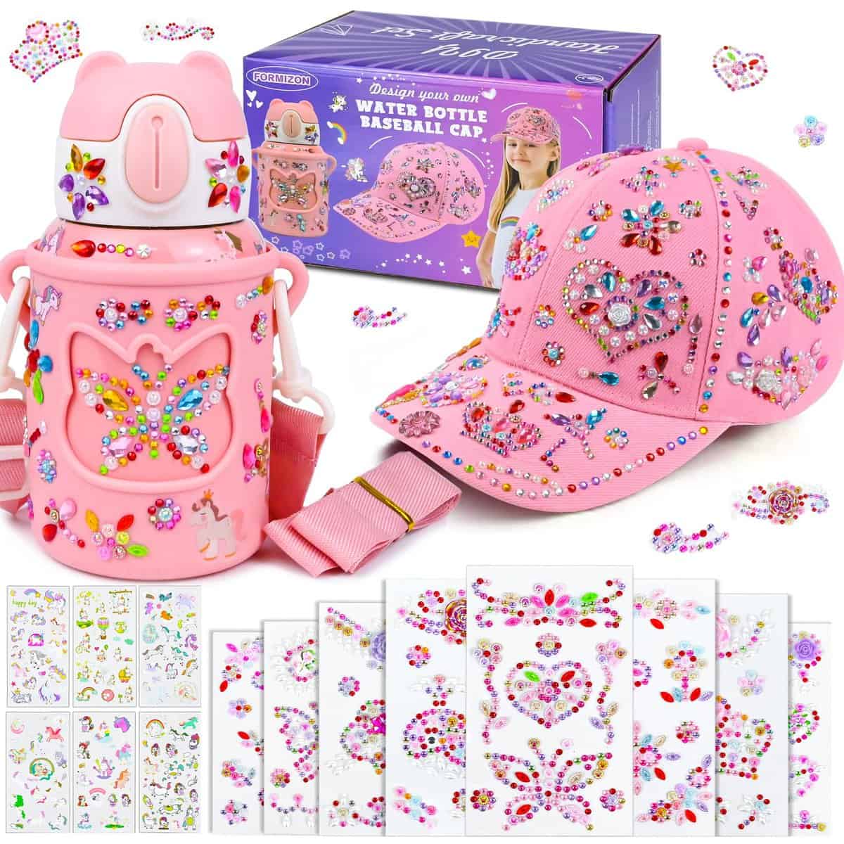 FORMIZON Cadeaux pour Filles DIY Casquette de Baseball et Bouteille, avec Autocollants Diamant et Licorne, Kit de Bricolage Enfant, Créer Soi-Même Design, Cadeaux d'Anniversaire Noël Filles (Rose)