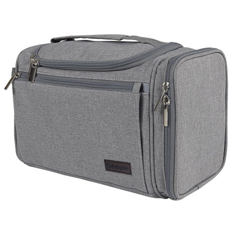 Sac de toilette suspendu en tissu imperméable, pratique pour voyage, avec compartiment étanche, couleur grise.